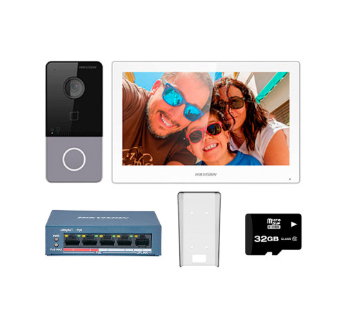 Купить IP видеодомофон комплект HIKVISION DS-KIS607-S(O-STD) +коммутатор+козырек+флешка в Бишкеке в интернет-магазине Camera.kg по низким ценам